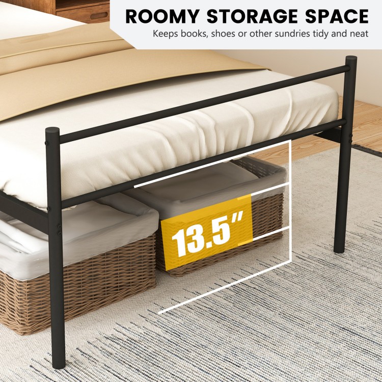 Twin size metal bed frame in black with 13.5” under-bed storage space for keeping items organized and tidy.