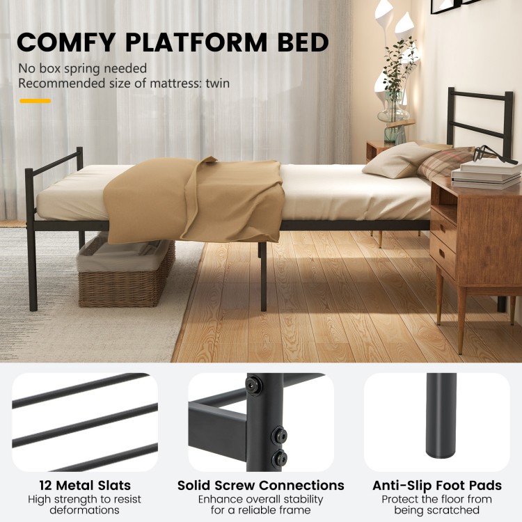Twin size metal bed frame in black with headboard, sturdy steel construction, and 12-inch under-bed storage space.