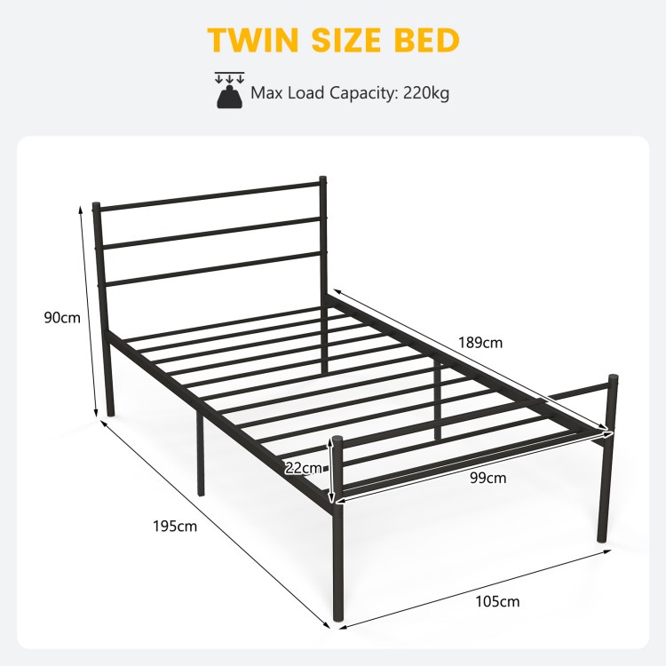 Twin size metal bed frame in black with headboard, sturdy steel construction, and 12" under-bed storage space.