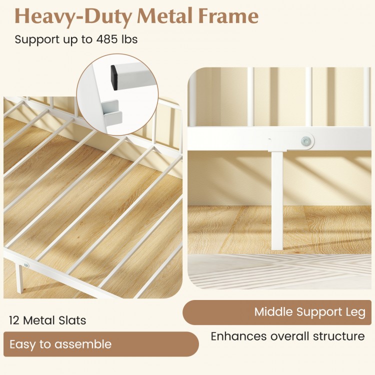 Twin size metal daybed frame with headboard, featuring heavy-duty construction and 12 slats for easy assembly.