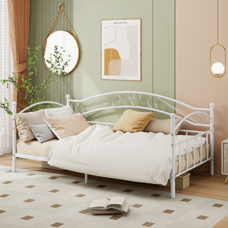 Twin size metal daybed frame in white with heart-shaped design, perfect for cozy seating and extra sleeping space.