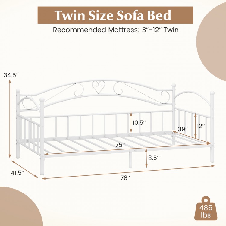 Twin size metal daybed frame in white with heart-shaped design, supports 485 lbs, ideal for bedroom or guest room.
