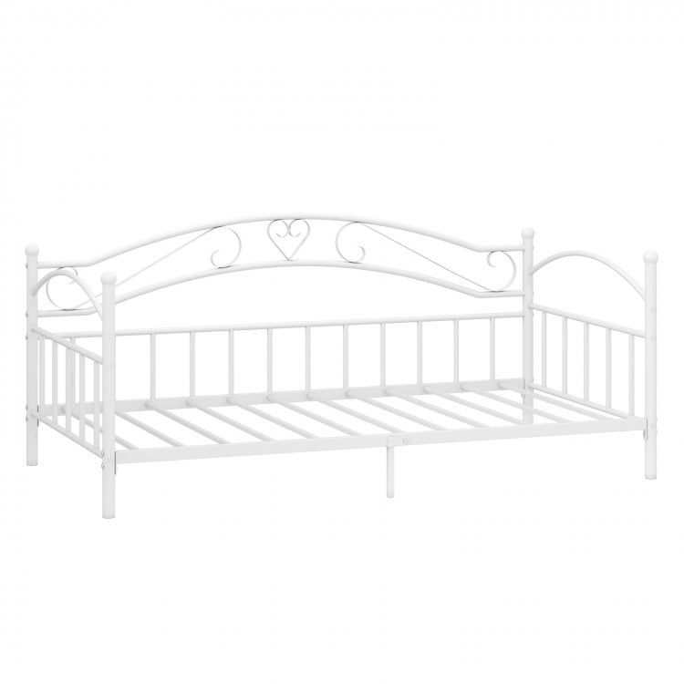 Twin size metal daybed frame in white with heart-shaped decoration, perfect for extra sleeping space and stylish.