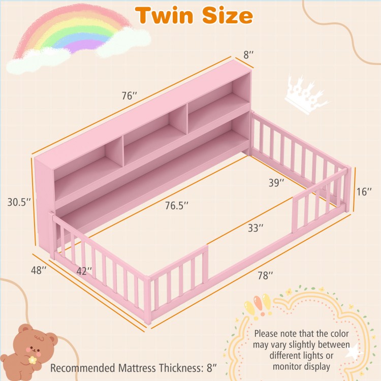 Twin size Montessori floor bed in pink with integrated bookshelf, designed for kids' independence and safety.