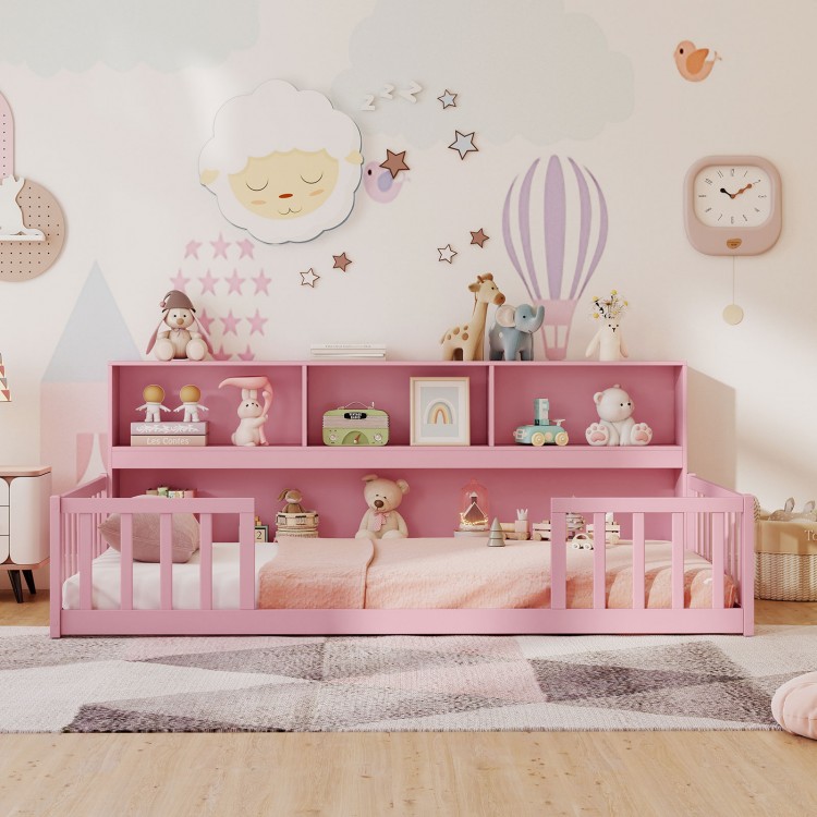Montessori floor bed in pink with ample storage, promoting independence with a cozy and playful design for children.
