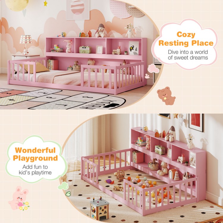 Twin size Montessori floor bed in pink with integrated bookcase, perfect for cozy resting and playful adventures.