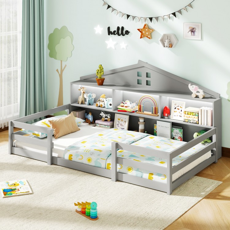 Twin size Montessori floor bed in gray with storage compartments and shelf, ideal for children's sleep and play.