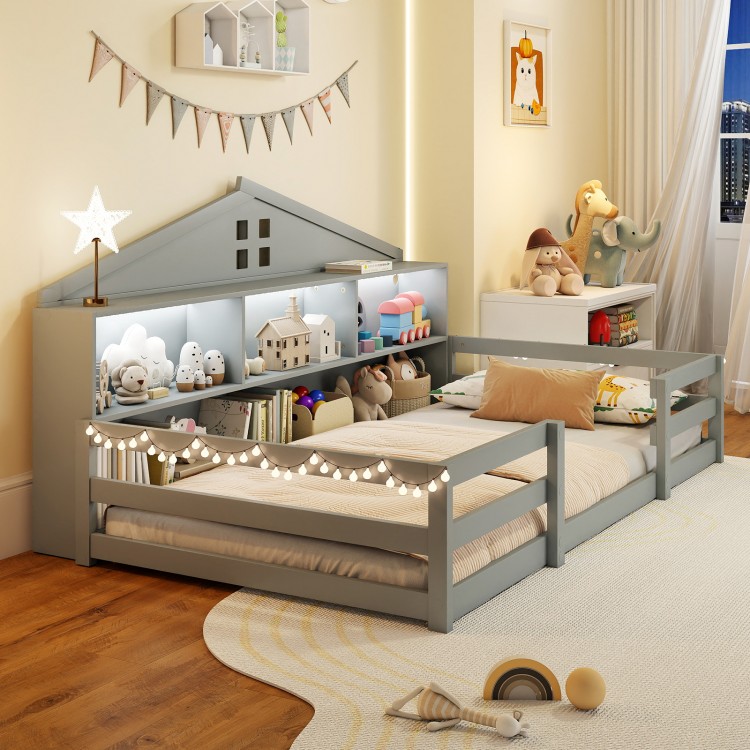 Twin size Montessori floor bed in gray with storage, house shape design, and LED lights for kids' play and sleep.