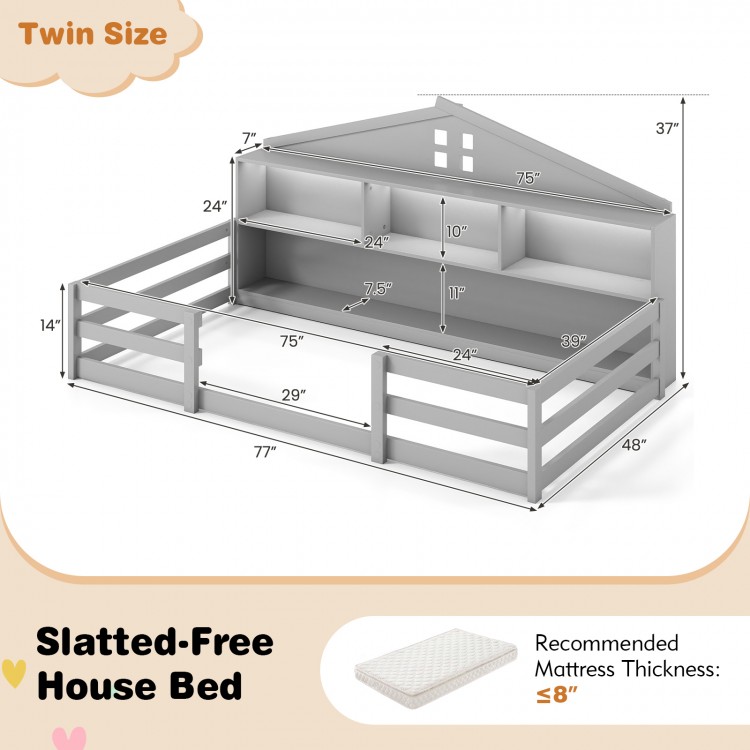 Twin size Montessori floor bed in gray with storage compartments and shelf, designed for children's safety and play.