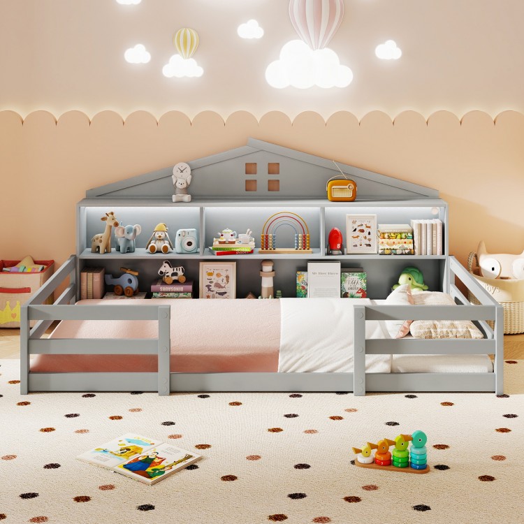 Twin size Montessori floor bed in gray with storage compartments and shelf, ideal for children's play and sleep.