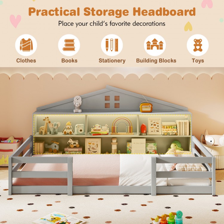 Twin size Montessori floor bed in gray with storage headboard and shelves, ideal for kids' sleeping and play areas.