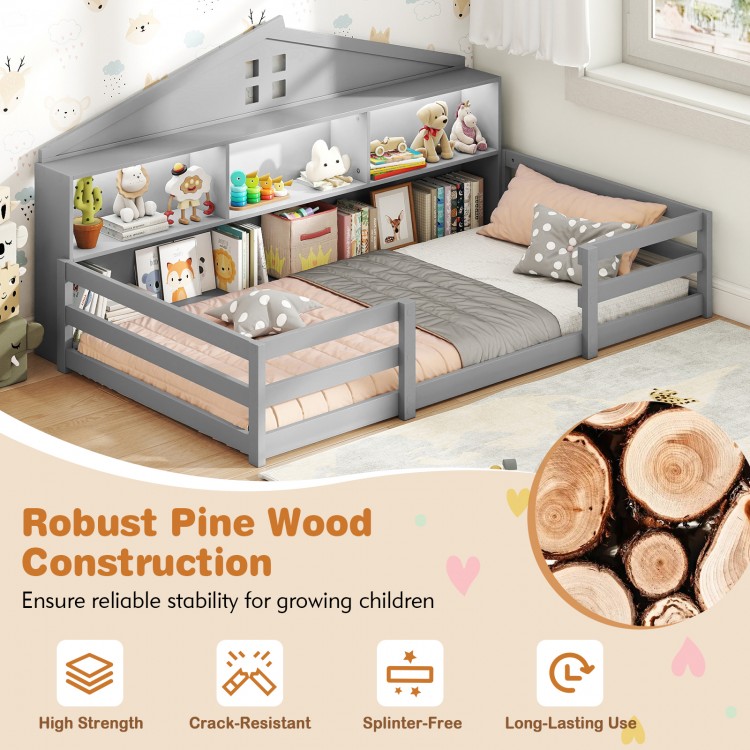 Twin size Montessori floor bed in gray with storage compartments, featuring a house shape design for children's play.