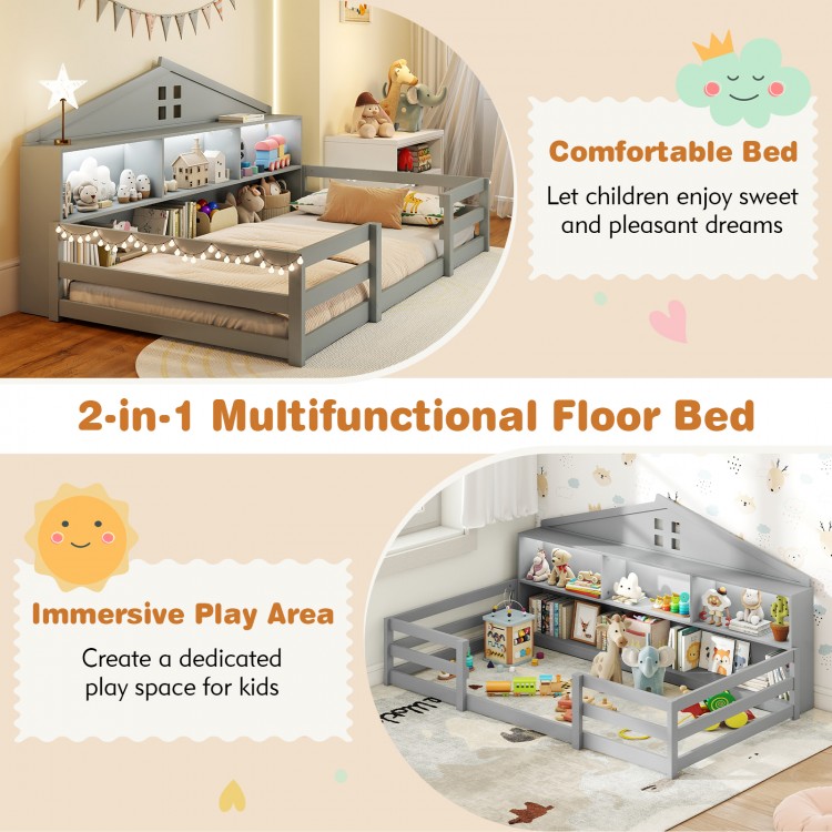 Twin size Montessori floor bed in gray with storage, featuring a house shape design for sleeping and play.