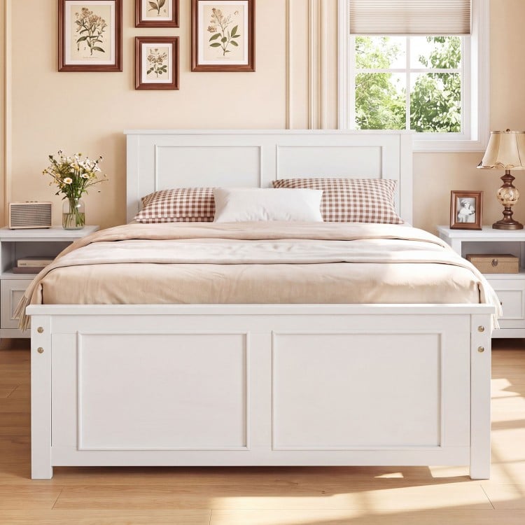 Twin size platform bed frame in white with headboard, featuring underbed storage and sturdy plywood slats for support.