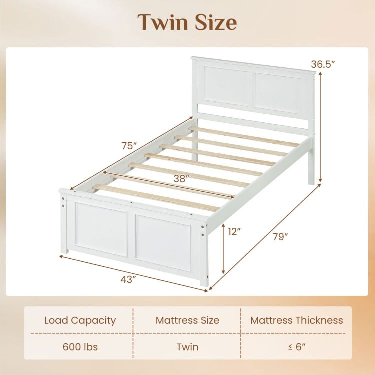 Twin size platform bed frame with headboard, solid wood structure, underbed storage, and no box spring needed.