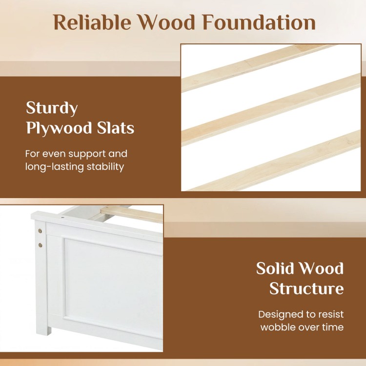 Solid wood structure and sturdy plywood slats of a twin size platform bed frame, designed for stability and support.