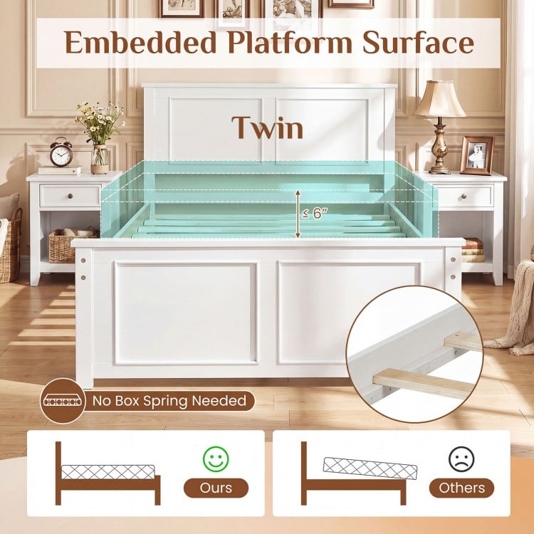 Twin size platform bed frame with embedded surface, solid wood structure, and underbed storage for organized space.