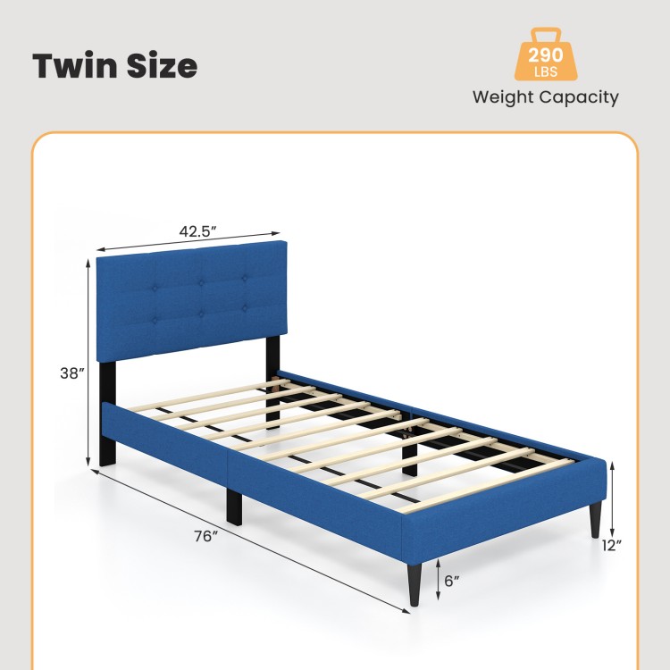 Twin size upholstered platform bed in blue with button tufted headboard, featuring solid wooden slats and under-bed.