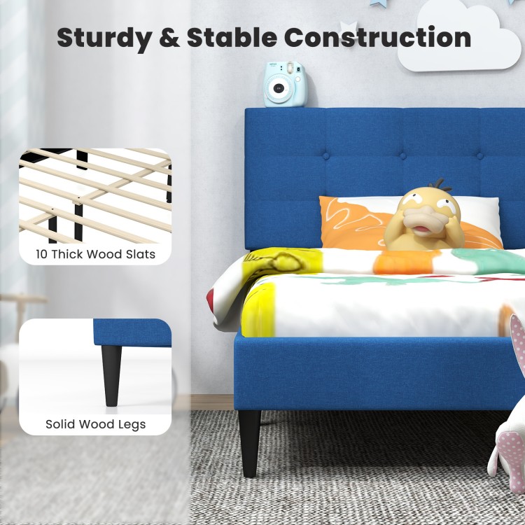 Twin size upholstered platform bed in blue with button tufted headboard and solid wood legs, ideal for bedrooms and.