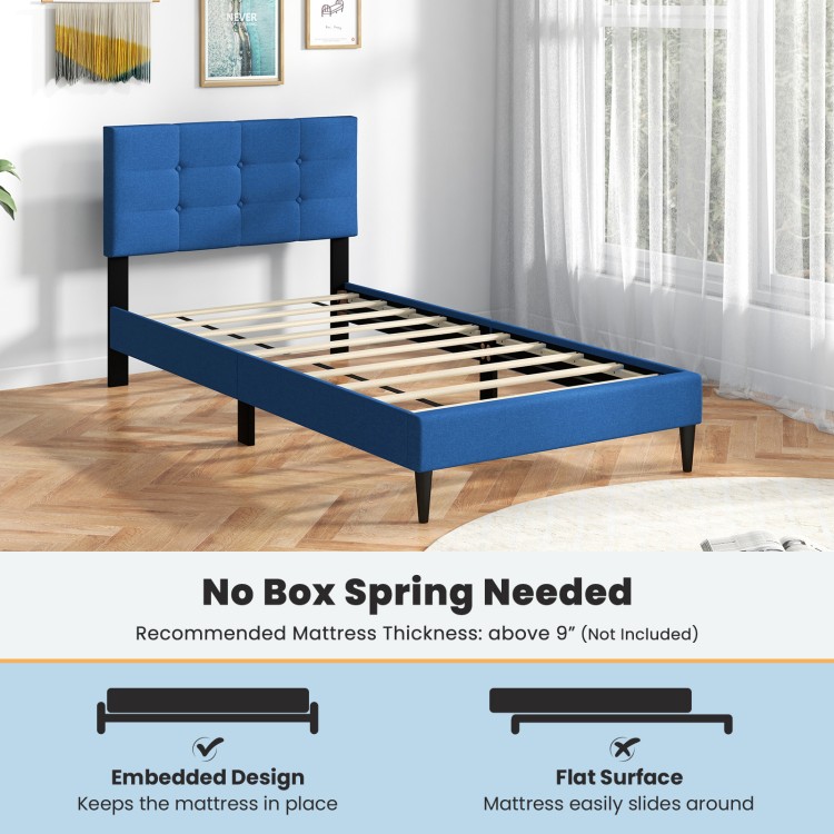Twin size upholstered platform bed in blue with button tufted headboard and solid wooden slats for bedroom or dorm use.