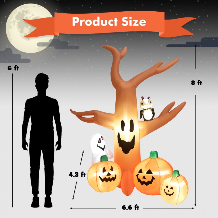 8 feet Halloween inflatable dead tree with LED lights, featuring pumpkins and ghosts, perfect for outdoor decoration.