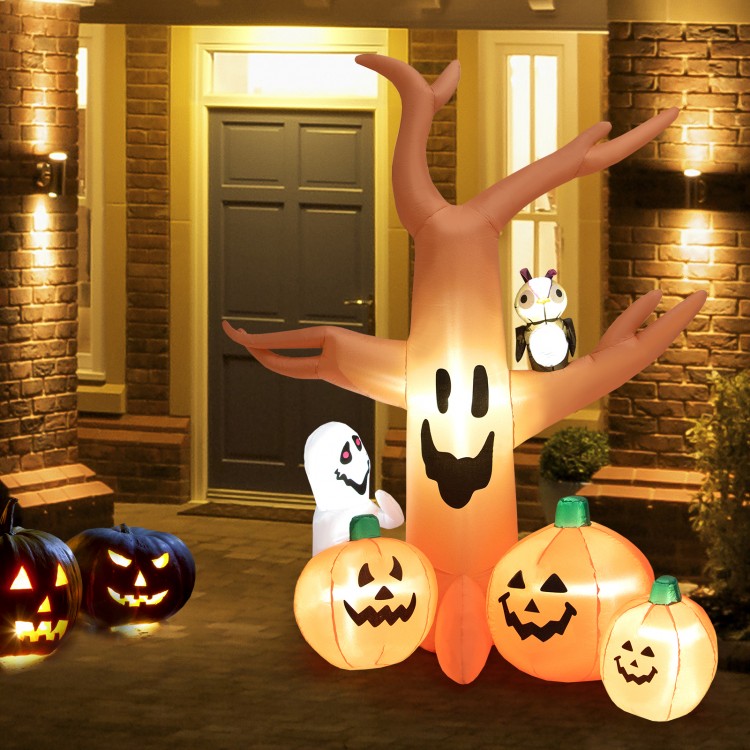 8-foot inflatable Halloween dead tree with LED lights, pumpkins, and ghost for outdoor spooky decor.