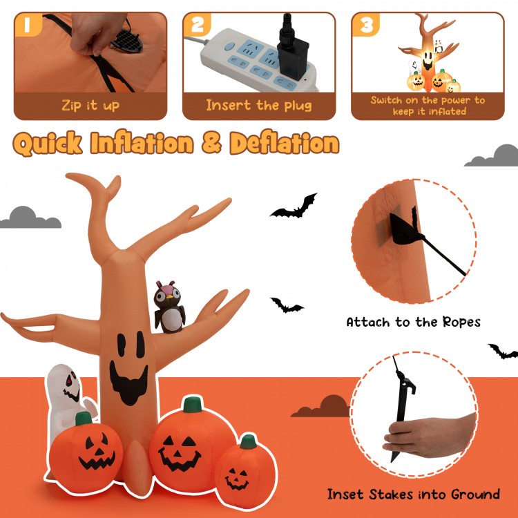 8 feet Halloween inflatable dead tree with LED lights, waterproof fabric, and included ropes and stakes for outdoor.