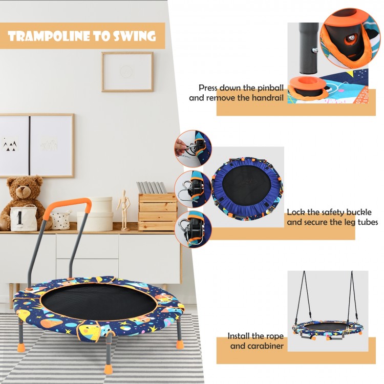 Convertible swing and trampoline set with colorful space theme, showcasing the sturdy steel legs for enhanced stability.