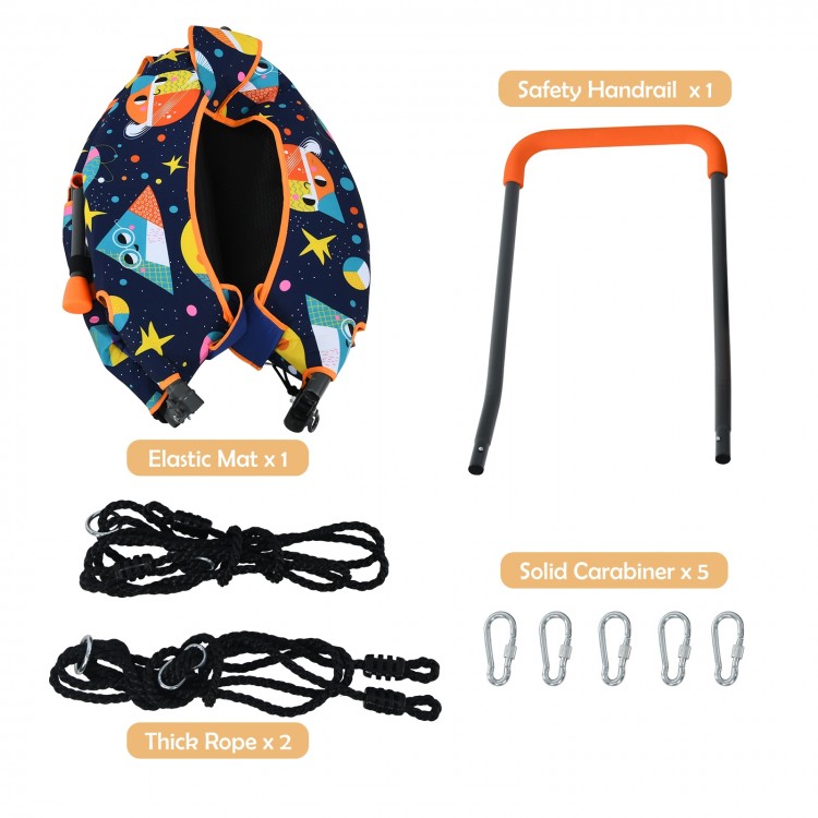 Convertible trampoline and swing set with upholstered handrail, includes safety handrail and elastic mat for kids' fun.
