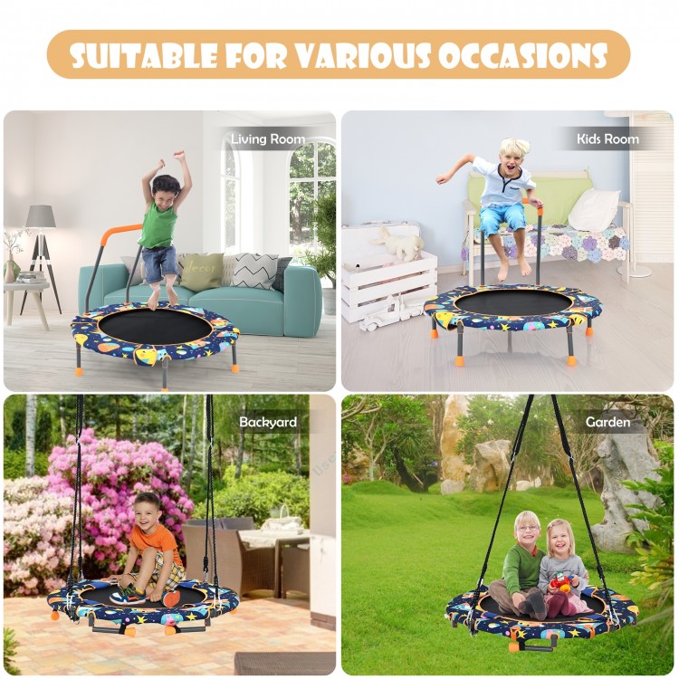 Convertible trampoline and swing set for kids, featuring a foam-covered handrail, suitable for indoor and outdoor play.