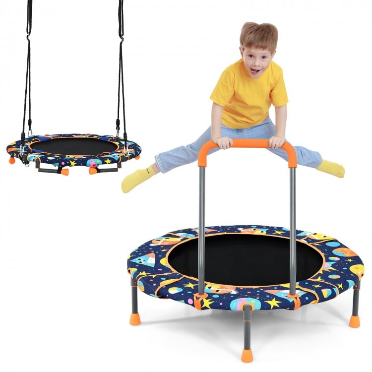 Convertible trampoline and swing set with upholstered handrail, designed for kids 3+, perfect for indoor and outdoor.