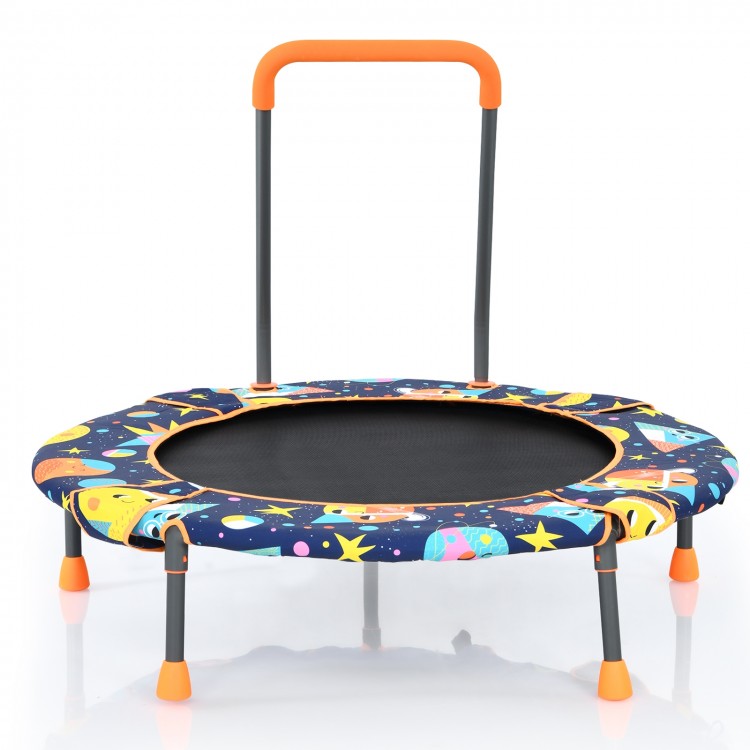 Convertible trampoline and swing set with upholstered handrail, featuring a colorful space design for kids' indoor and.
