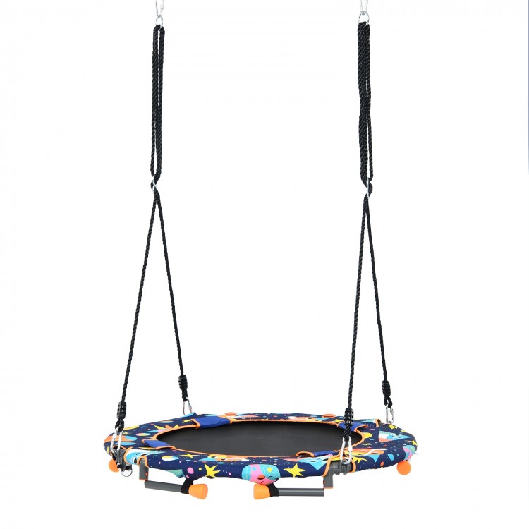 Convertible trampoline and swing set with upholstered handrail, designed for indoor and outdoor fun for kids aged 3+.