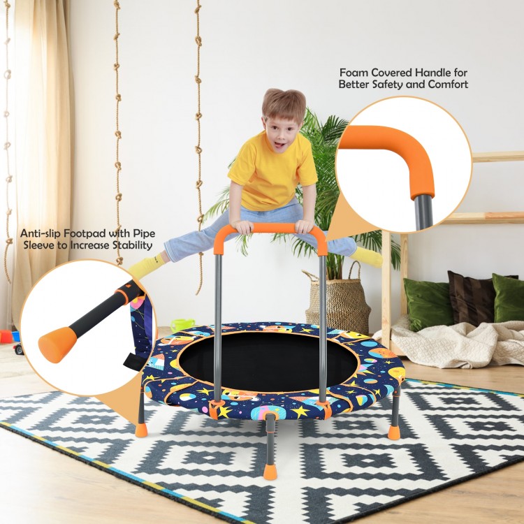 Convertible trampoline and swing set featuring a foam-covered handrail and anti-slip footpads for kids' safety and.