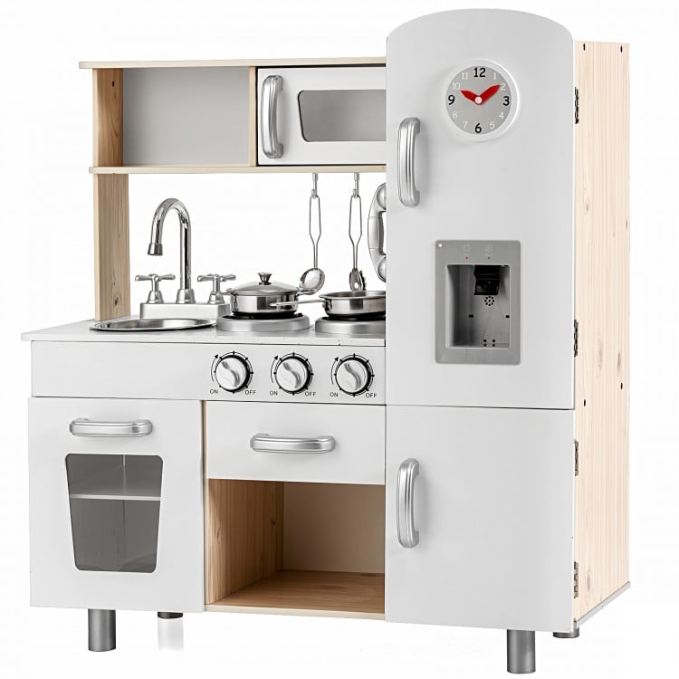 Vintage play kitchen set featuring a water dispenser, stove, sink, and ample storage for kids' cooking fun.