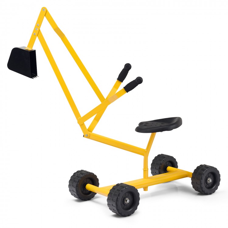 Heavy duty kid ride-on sand digger excavator with sturdy steel frame and 360-degree rotatable seat for beach play.