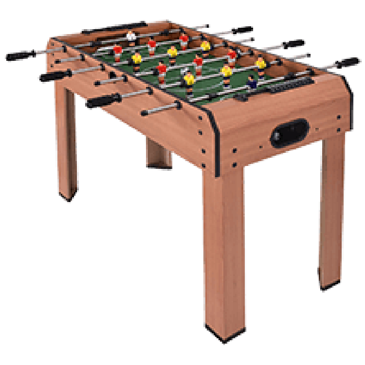 Indoor foosball table with wood construction, strong steel rods, and scoring devices for family and friends'.