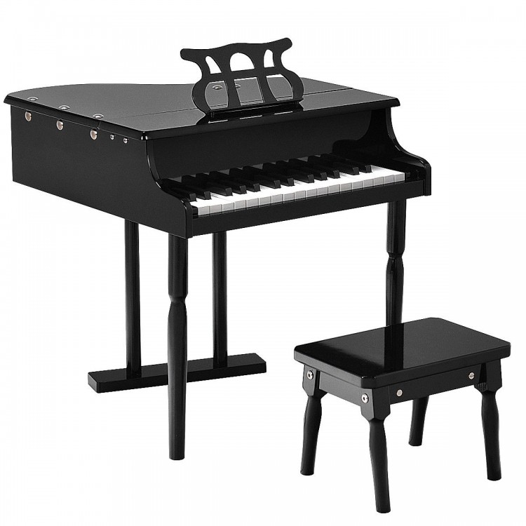 Black 30-key mini grand piano with matching bench and music score holder, perfect for children aged 1 to 7.