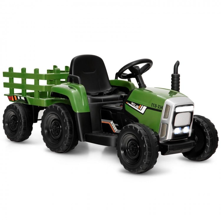 Ride-on tractor in dark green with detachable trailer, 12V motor, remote control, and safety features for kids 3+.