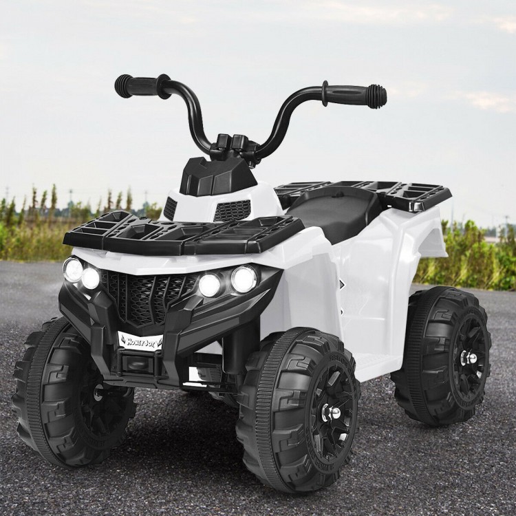Kids electric ride-on ATV in white with headlights, music, and durable wear-resistant wheels for outdoor fun.