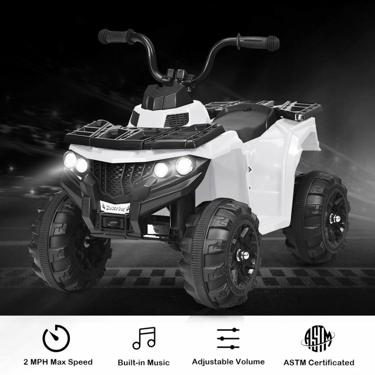 Kids electric ride-on ATV in white with headlights, built-in music, and adjustable volume for fun outdoor play.