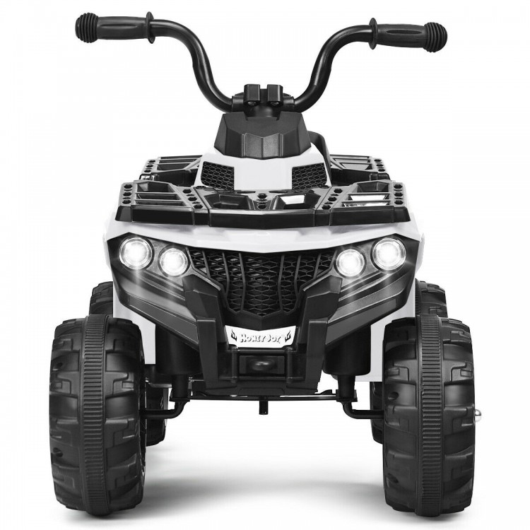 Kids electric ride-on ATV in white with headlights, music, and durable wheels for fun outdoor adventures.