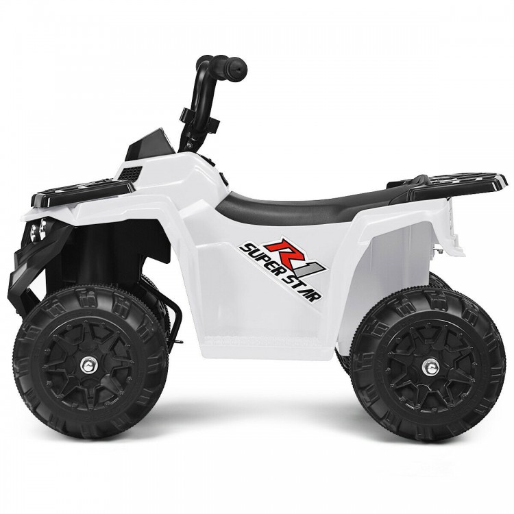 Kids electric ride-on ATV in white with durable wheels, headlights, and music features for fun outdoor play.