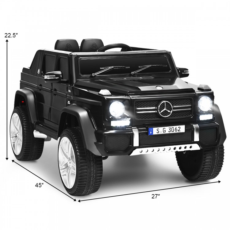 Front view of the 12V licensed Mercedes-Benz kids ride-on car in black, showcasing stylish design and bright headlights.