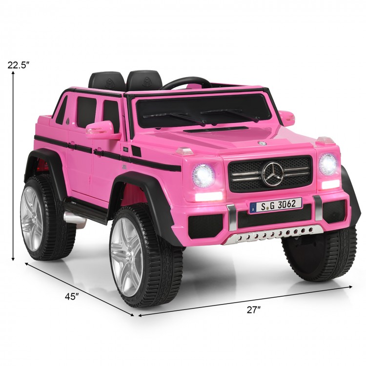 Pink 12V licensed Mercedes-Benz kids ride-on car with LED lights, parental control, and spring suspension for smooth.