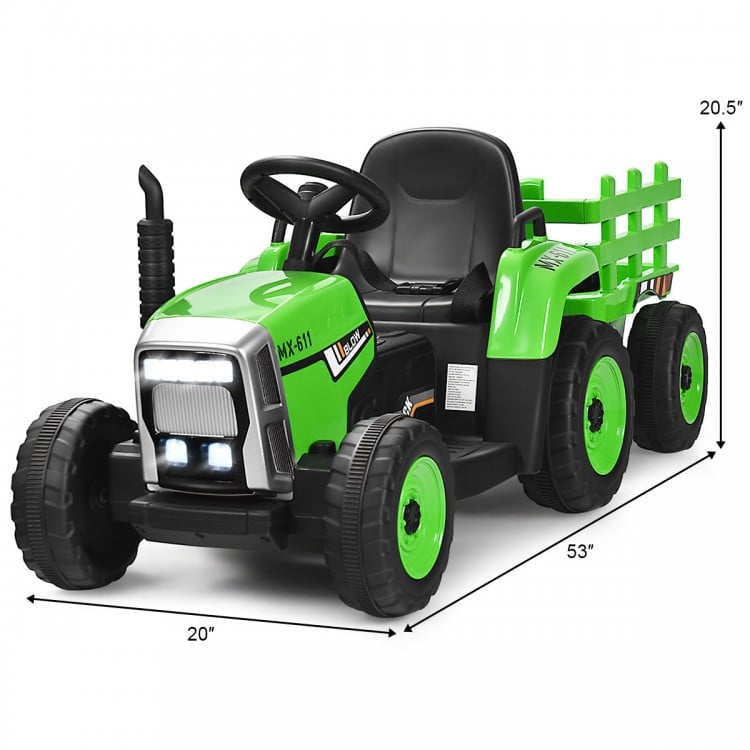 Green 12V ride-on tractor with detachable trailer, remote control, and safety features for kids aged 3+.