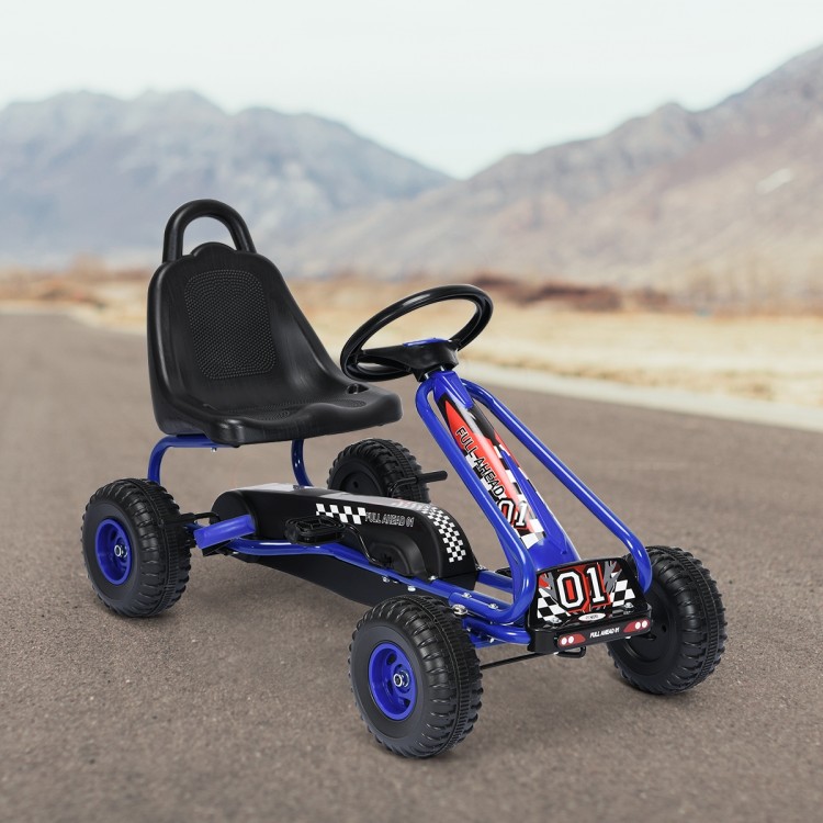 Blue 4 wheel pedal-powered ride-on kart with adjustable seat, handbrake, and anti-slip wheels for kids aged 3-6.