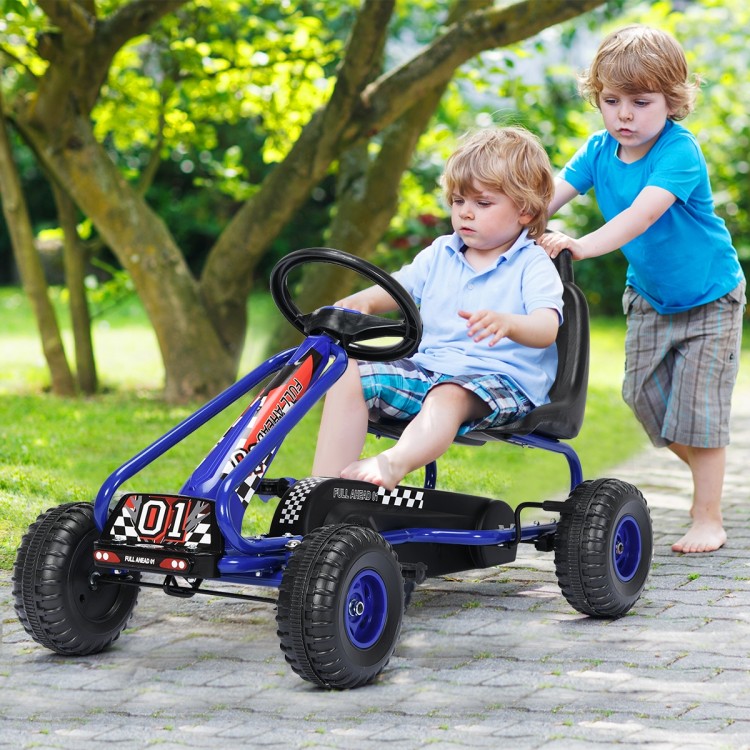 Blue pedal-powered ride-on go-kart with adjustable seat, suitable for kids aged 3-6, promoting strength and.