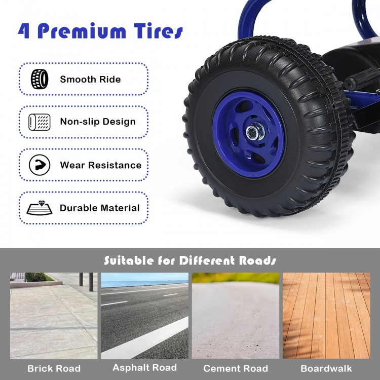 Close-up of a premium tire from a blue pedal-powered ride-on, featuring a non-slip design for various road surfaces.