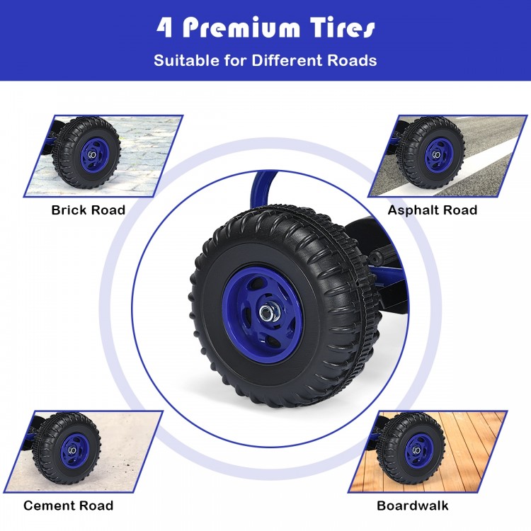 Close-up of a premium tire from the 4 Wheel Pedal Powered Ride On, suitable for various road surfaces.